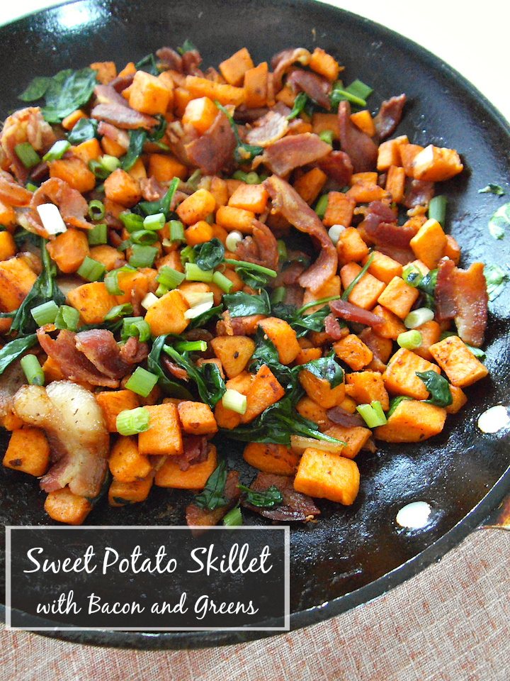 Sweet Potato Skillet with Bacon and Greens | Swirls and Spice