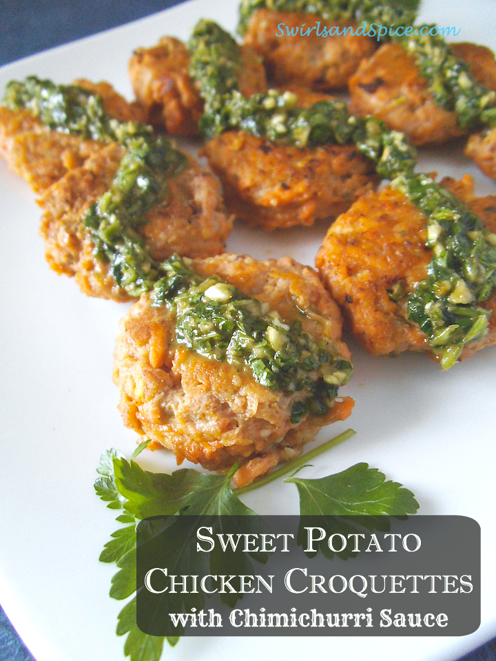 Sweet Potato Chicken Croquettes with Chimichurri Sauce | Swirls and Spice