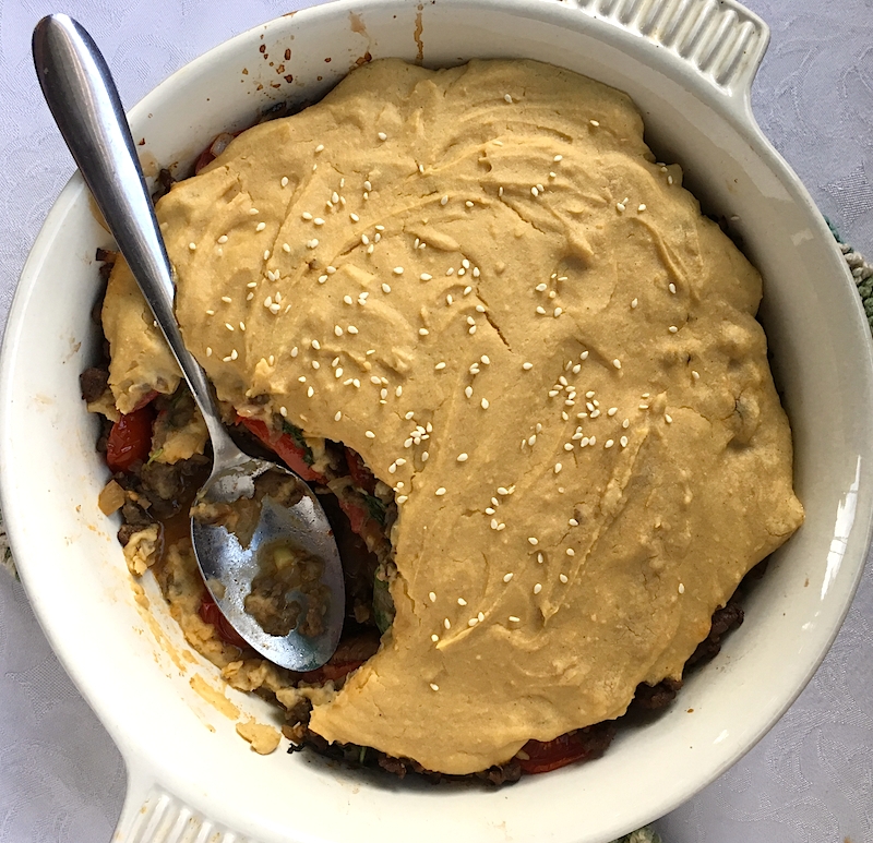 Sinaya Casserole with Eggplant and Hummus | Swirls and Spice